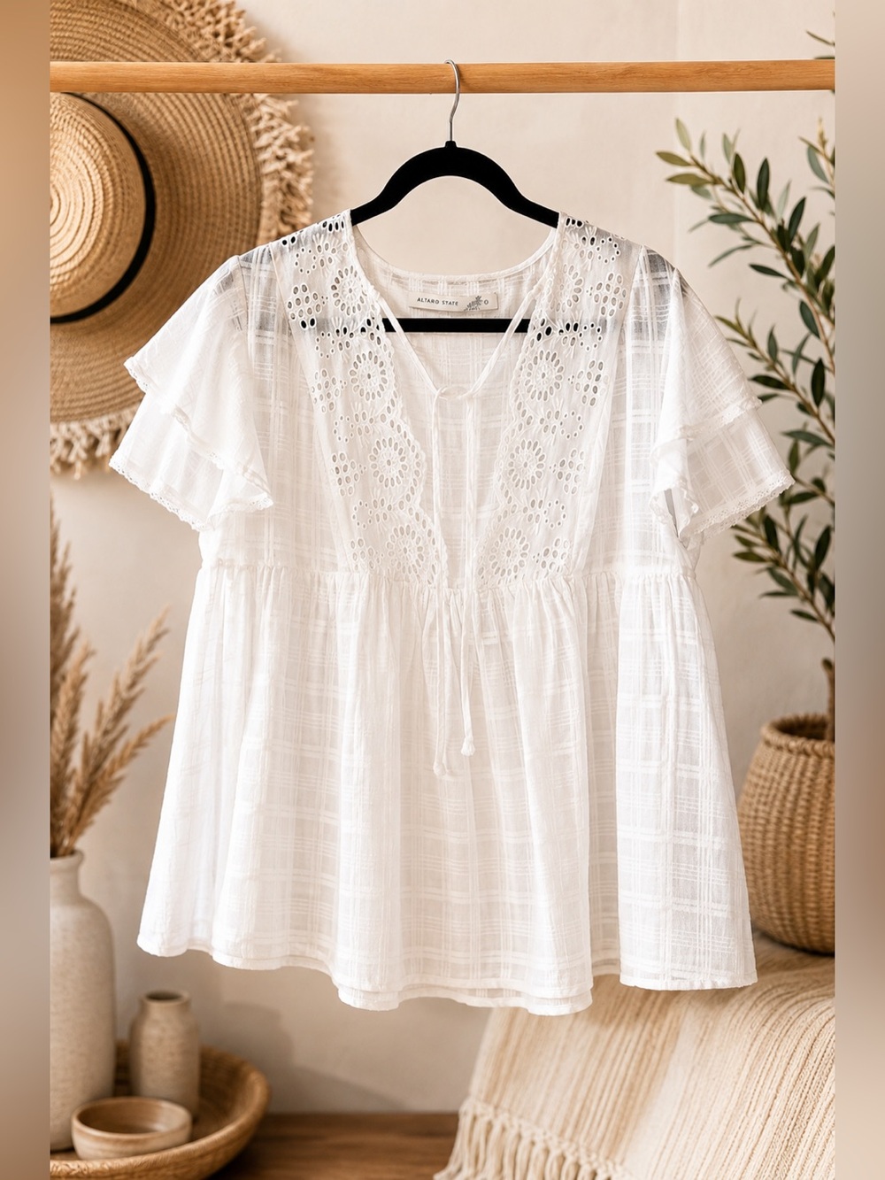 Altar'd State White Eyelet Lace Flutter-Sleeve Peasant Top
